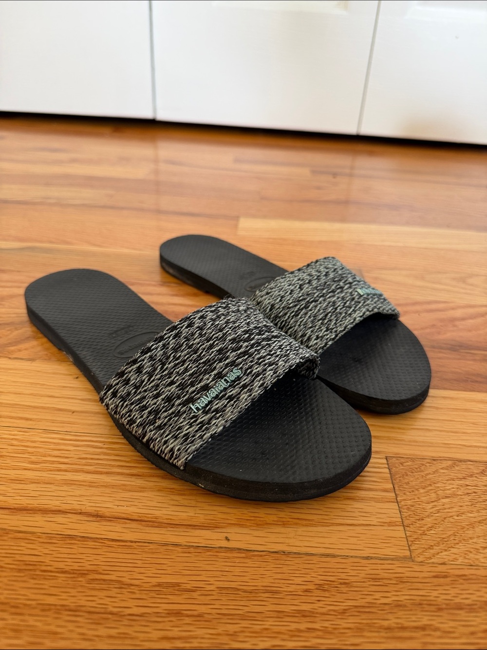 Havaianas Black and White Knit Slide Sandals